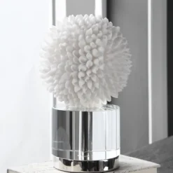 Kirkland's Home Statues & Figurines-White Sea Shell Sphere Crystal Base Statue