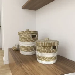 Kirkland's Home Baskets & Boxes-White Stripe Sea Grass 2-Pc. Storage Baskets