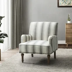 Kirkland's Home Accent Chairs-White Stripe Upholstered Accent Chair