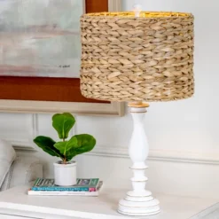 Kirkland's Home Table Lamps-White Table Lamp With Hand Woven Raffia Shade