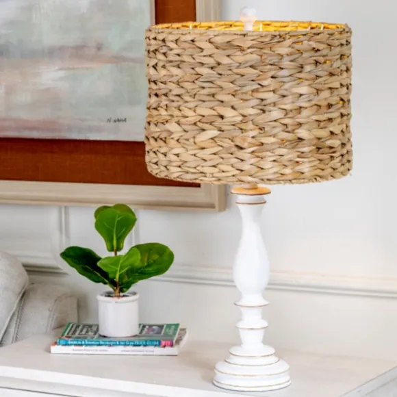 Kirkland's Home Table Lamps-White Table Lamp With Hand Woven Raffia Shade