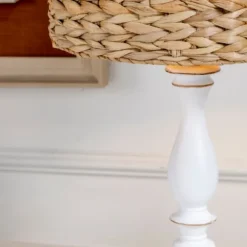 Kirkland's Home Table Lamps-White Table Lamp With Hand Woven Raffia Shade