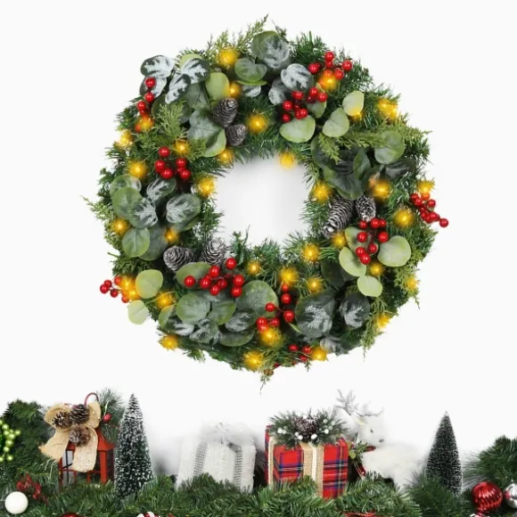 Kirkland's Home Wreaths-White Tip Pinecone And Eucalyptus Pre-Lit Wreath