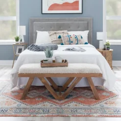 Kirkland's Home Benches & Ottomans-White Upholstered Seat And Tan Wood Bench