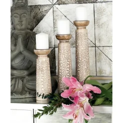 Kirkland's Home Candle Holders-White Washed Floral Wood Candle Holders, Set Of 3
