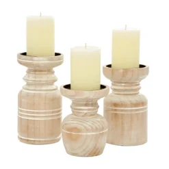 Kirkland's Home Candle Holders-White Washed Wood Carved Candle Holders, Set Of 3