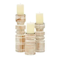 Kirkland's Home Candle Holders-White Washed Wood Column Candle Holders, Set Of 3