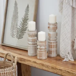 Kirkland's Home Candle Holders-White Washed Wood Column Candle Holders, Set Of 3