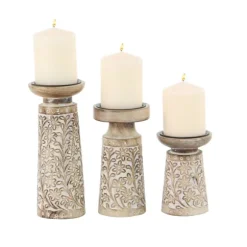 Kirkland's Home Candle Holders-Whitewash Floral Mango Candlesticks, Set Of 3