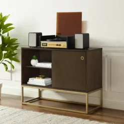 Kirkland's Home Tv Stands & Media Consoles-Wood And Gold Record Storage Media Cabinet