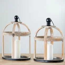 Kirkland's Home Lanterns-Wood Caged Metal Band 2-Pc. Decorative Lantern Set