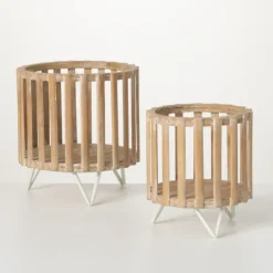 Kirkland's Home Decorative Accents-Wood Slat Planter Stands, Set Of 2
