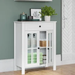 Kirkland's Home Bathroom Furniture-Wood Two Pane Glass Doors Floor Cabinet
