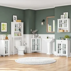 Kirkland's Home Bathroom Furniture-Wood Two Pane Glass Doors Floor Cabinet
