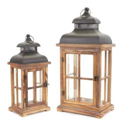 Kirkland's Home Lanterns-Wood Windowpane Slope Top Lanterns, Set Of 2