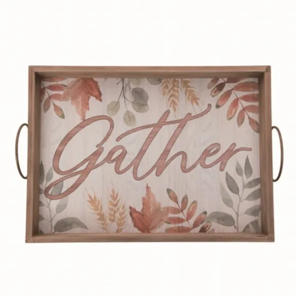 Kirkland's Home Decorative Trays-Wooden Autumn Leaves Gather Serving Tray