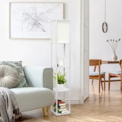 Kirkland's Home Floor Lamps-Wooden Column Shelf Floor Lamp