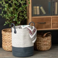 Kirkland's Home Baskets & Boxes-Woven Rat And Faux Leather Baskets, Set Of 2