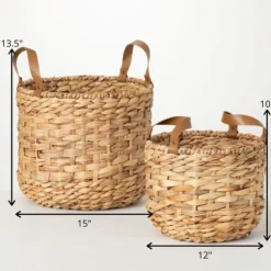 Kirkland's Home Baskets & Boxes-Woven Rat And Faux Leather Baskets, Set Of 2